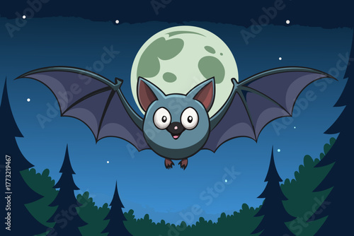 Cartoon bat flying in the night sky with a full moon