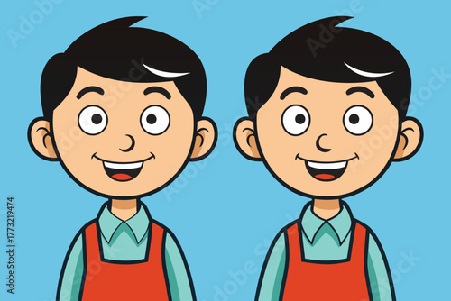 Two cartoon identical twin boys smiling cheerfully