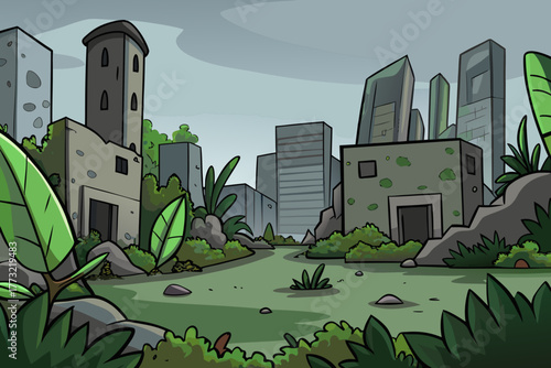 Cartoon Abandoned City Overgrown By Nature