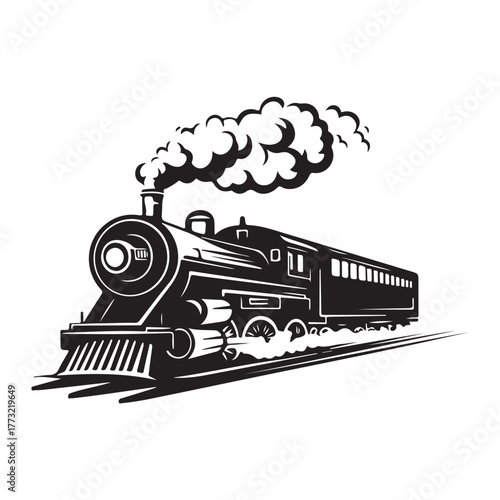 Vintage steam engine train silhouette traveling on tracks with smoke and passenger cars 