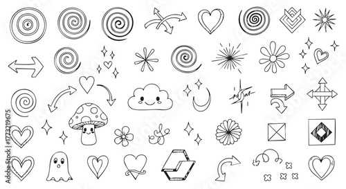 Cute doodle vector set with hearts arrows mushroom and other elements