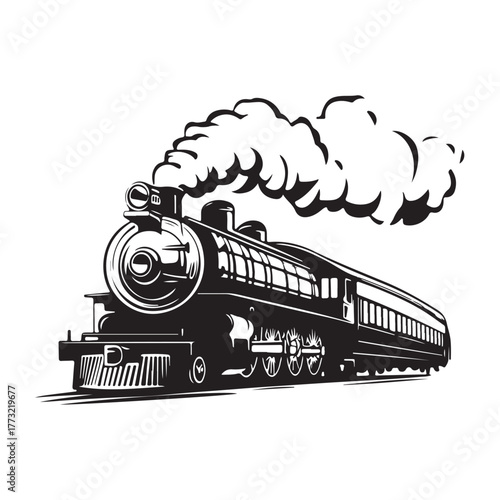 Vintage steam engine train silhouette traveling on tracks with smoke and passenger cars 