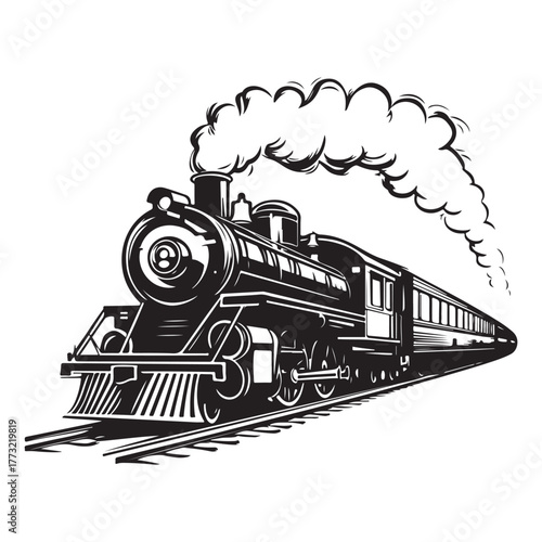 Vintage steam engine train silhouette traveling on tracks with smoke and passenger cars 