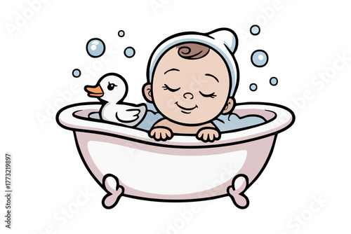 Baby in Bathtub with Rubber Duck Cartoon Illustration