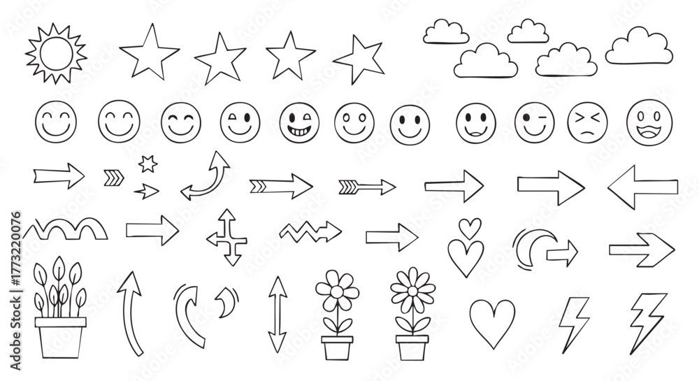 Naklejka premium Doodle icons set vector illustration with sun stars and arrows