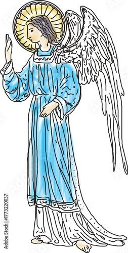 Illuminated manuscript style medieval angel in side profile with blue robe