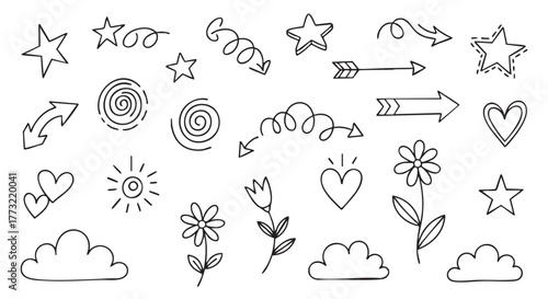 Doodle element collection with stars arrows spirals and other cute icons