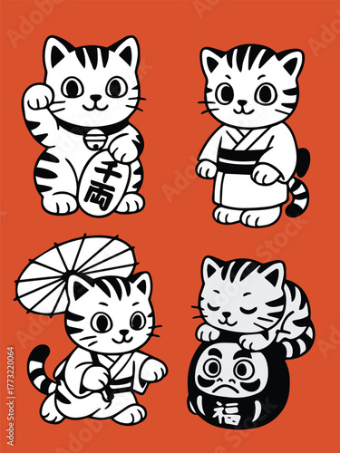 japanese cat illustration set