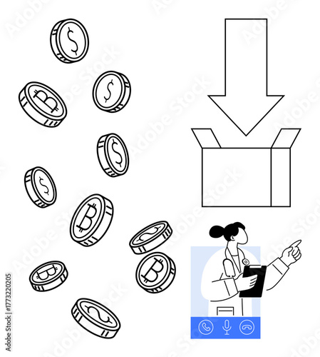 Coins with dollar and bitcoin logos dropping into box under arrow. Female doctor consulting using online call tools and clipboard. Ideal for finance, healthcare, technology, e-commerce, investment