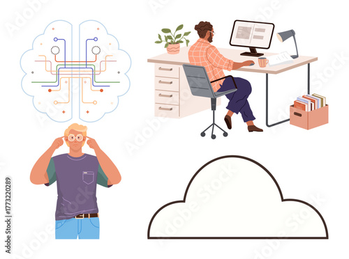 Man working at desk with computer, thinker in glasses with brain circuitry, cloud storage icon. Ideal for innovation, technology, teamwork, data management, problem-solving, creativity strategy