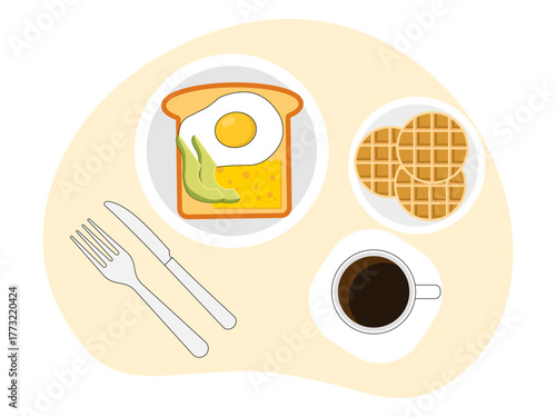 Meal variety toast with egg and avocado, another plate is waffle and cup of coffee. Brunch food illustration. Flat vector design.