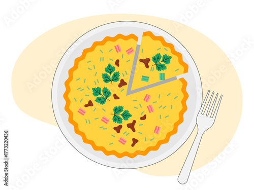 Meal variety pie egg with some vegetable. Brunch food illustration. Flat vector design.