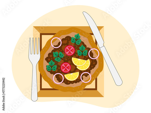 Meal variety rice with ground beef with some vegetable. Brunch food illustration. Flat vector design.