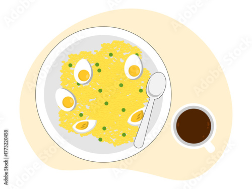 Meal variety yellow rice with boiled egg and cup of coffee. Brunch food illustration. Flat vector design.