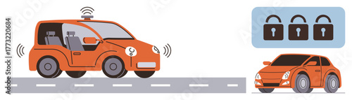 Self-driving car on road with visible sensors and locks icon. Ideal for technology, safety, self-driving vehicles, cybersecurity, innovation, automation, future mobility. Simple flat metaphor