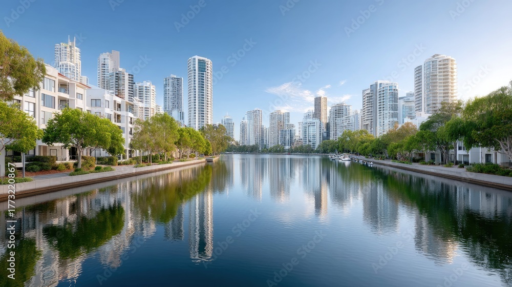 Obraz premium Modern City Skyline With Contemporary Architecture Reflected In Calm Water With Lush Green Trees And Blue Sky During Daylight