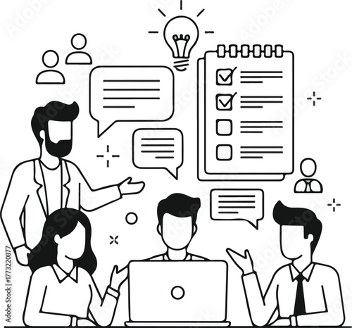 Line art illustration of business teamwork, showing a creative meeting with brainstorming, strategic planning, and task management for an efficient workflow