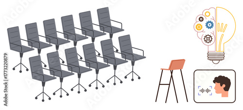 Rows of office chairs, a stool for a presenter, a light bulb with gears signifying ideas, and a person speaking. Ideal for teamwork, brainstorming, leadership, presentations, communication