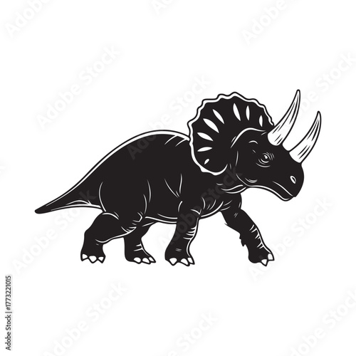 Black silhouette Triceratops dinosaur with three horns, large frill, prehistoric animal illustration, Jurassic wildlife, vector graphic, isolated design, ancient creature profile, fossil era