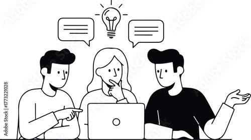 A professional team collaborating on a project, brainstorming new ideas, and discussing strategy around a laptop in a line art illustration