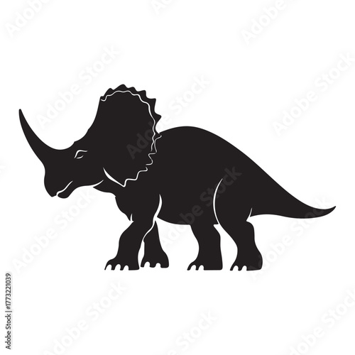 Black silhouette Triceratops dinosaur with three horns, large frill, prehistoric animal illustration, Jurassic wildlife, vector graphic, isolated design, ancient creature profile, fossil era