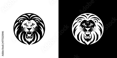 Black and white lion head logos on split white