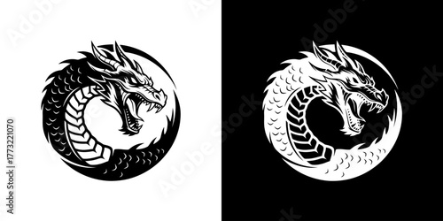 Black and white dragon head illustrations on