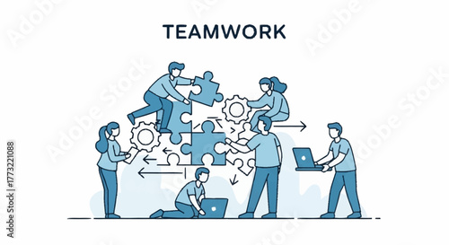 Teamwork Illustration - People Collaborating with Puzzles and Gears.