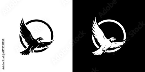 Black and white bird silhouettes in flight within