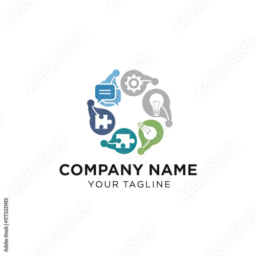 Circular arrangement of diverse icons representing collaboration and innovation.