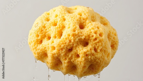 fishfinder. A heavy natural sea sponge saturated with water, drooping under its weight on a neutral background. wildlife magazines.