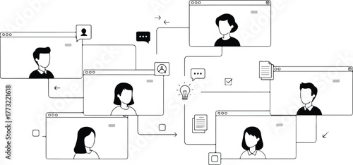 Online Collaboration Digital Teamwork and Virtual Meeting on Screen with Video Conference Illustration