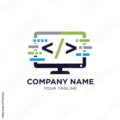 Modern technology logo with programming code icon on a computer screen.