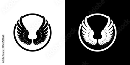 Black and white winged logos on split dark and