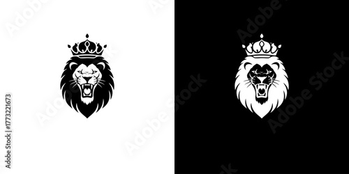 Black and white lion head logos with crowns on