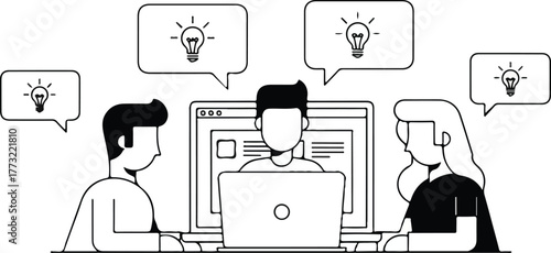 Productive team collaboration and creative notion generation, engaging in a focused brainstorming session to develop innovative ideas and strategic solutions digitally