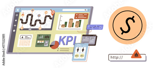 Digital dashboard with analytics, KPI metrics, project roadmaps, financial charts, mobile integration, and cybersecurity alert. Ideal for business strategy, analytics, finance cyber safety