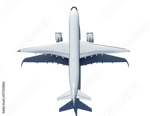 Top view of a modern white passenger jet airplane with large wings isolated on transparent background