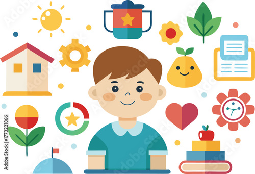 Delightful child character with playful learning icons for educational materials and cheerful designs, perfect for children's content, vibrant and engaging illustration