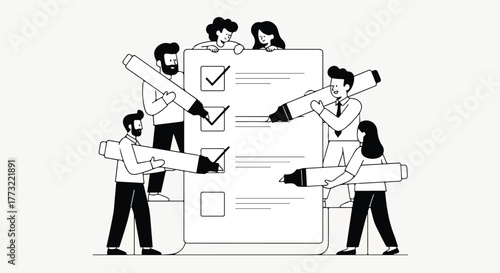 Collaborative team completing a large checklist, Notion style illustrating effective task management, project planning, and group productivity for successful goal achievement in a business setting