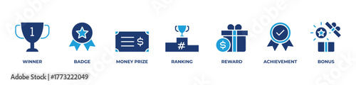 Recognizing Achievement, Rewarding Excellence Icons set vector illustration blue with Winner, Badge, Money prize, Ranking, Reward, Achievement, Bonus