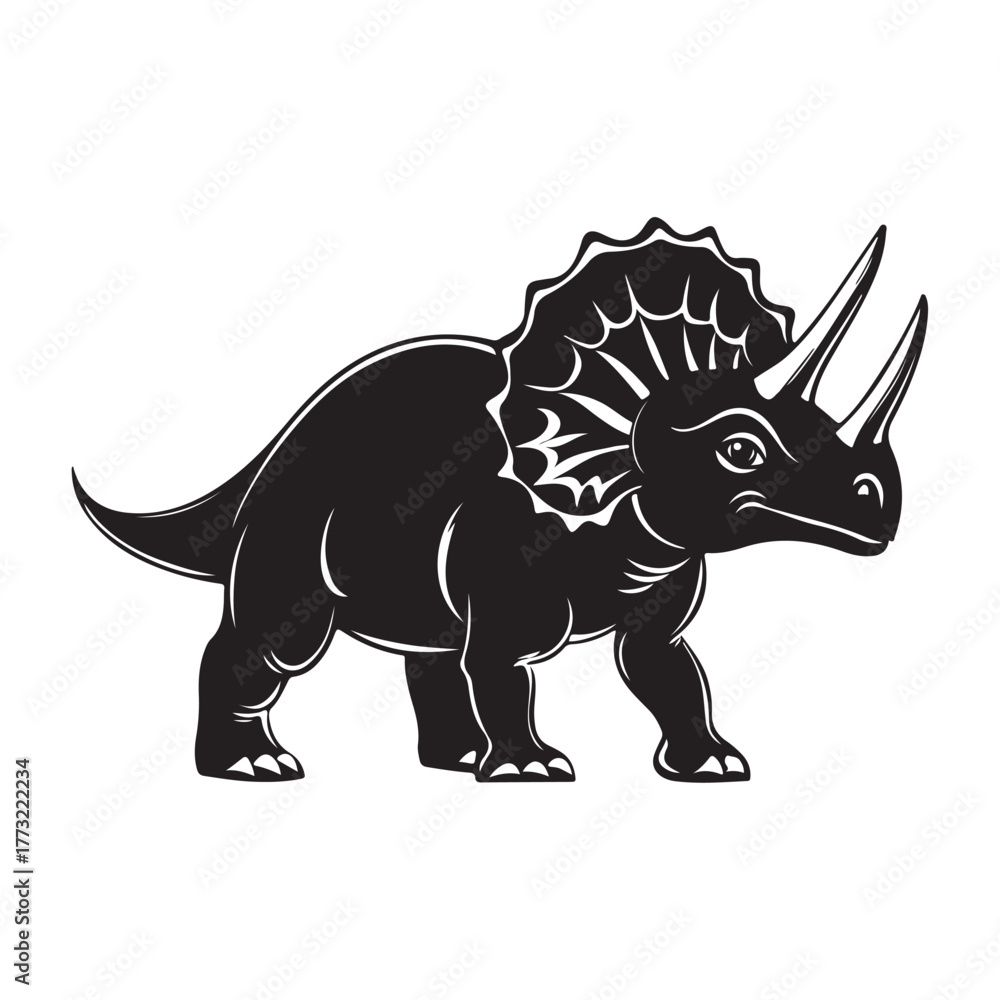 Fototapeta premium Black silhouette Triceratops dinosaur with three horns, large frill, prehistoric animal illustration, Jurassic wildlife, vector graphic, isolated design, ancient creature profile, fossil era