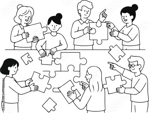 collaborative synergy, a vector concept showing diverse people connecting puzzle pieces to find a solution and build a business strategy notion style illustration