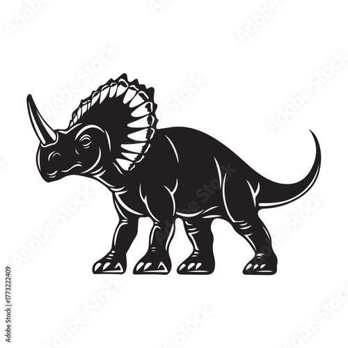 Black silhouette Triceratops dinosaur with three horns, large frill, prehistoric animal illustration, Jurassic wildlife, vector graphic, isolated design, ancient creature profile, fossil era