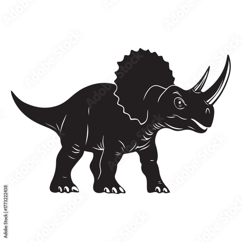 Black silhouette Triceratops dinosaur with three horns, large frill, prehistoric animal illustration, Jurassic wildlife, vector graphic, isolated design, ancient creature profile, fossil era