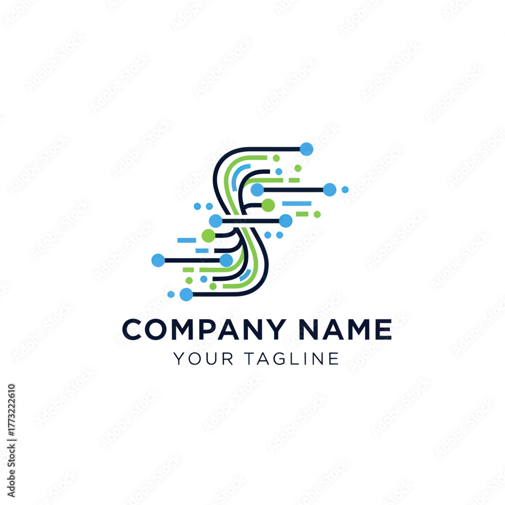 Fototapeta premium Abstract S letter logo with digital circuit lines and nodes.