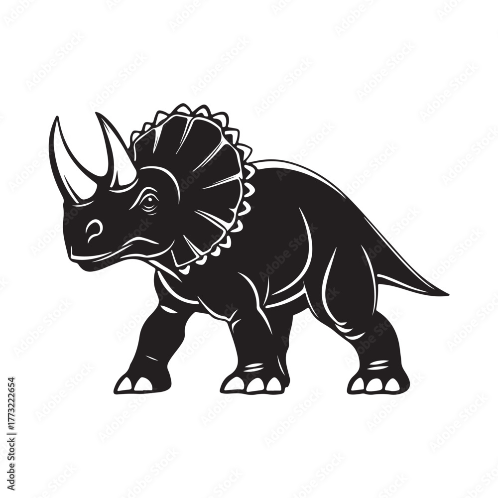 Fototapeta premium Black silhouette Triceratops dinosaur with three horns, large frill, prehistoric animal illustration, Jurassic wildlife, vector graphic, isolated design, ancient creature profile, fossil era