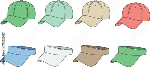 Baseball caps and sports visors set, multiple color variations, front views, curved brim, stitched details, cad drawing flat vector illustration