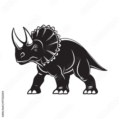 Black silhouette Triceratops dinosaur with three horns, large frill, prehistoric animal illustration, Jurassic wildlife, vector graphic, isolated design, ancient creature profile, fossil era