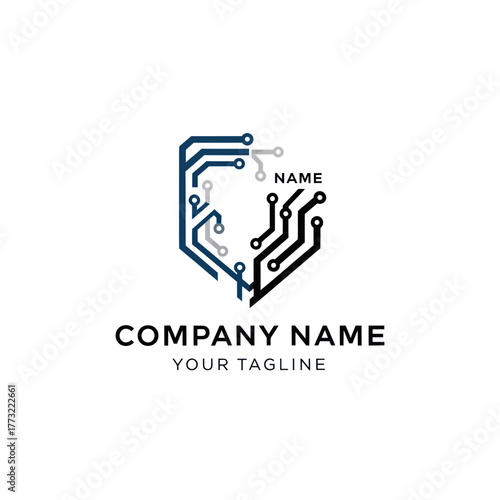 Cyber Security Shield Logo with Digital Circuit Board Pattern.